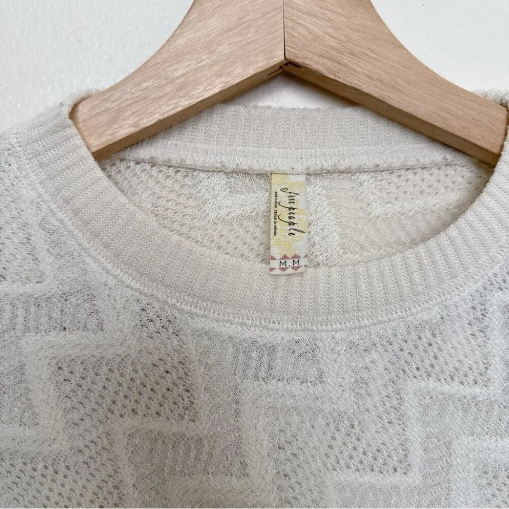 Free People Womens Medium Ivory Crochet Semi Sheer Long Sleeve Boxy